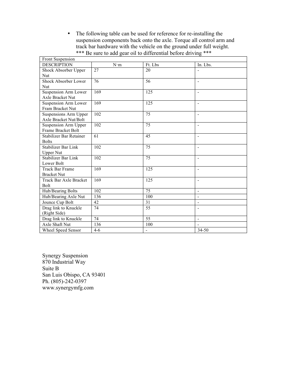 Synergy 8009-40 - Jeep JK Front Axle Re-Tube Kit User Manual | Page 7 / 7