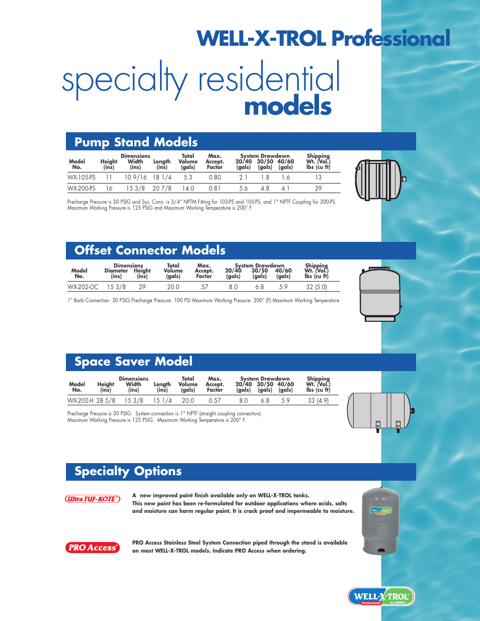 Specialty residential, Models, Well-x-trol professional | Amtrol Pre-Pressurized Water System Tanks WELL-X-TROL User Manual | Page 7 / 8