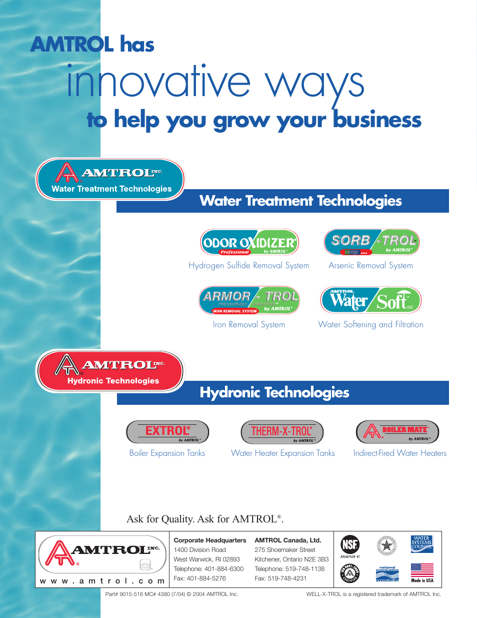 Innovative ways, Amtrol has, Water treatment technologies hydronic technologies | Amtrol Pre-Pressurized Water System Tanks WELL-X-TROL User Manual | Page 8 / 8