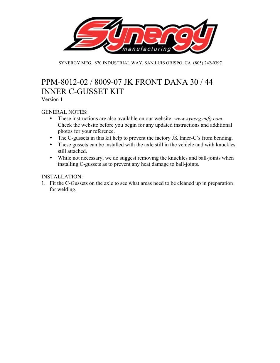 Synergy 8012-02 - Jeep JK C-Gusset Kit User Manual | 9 pages