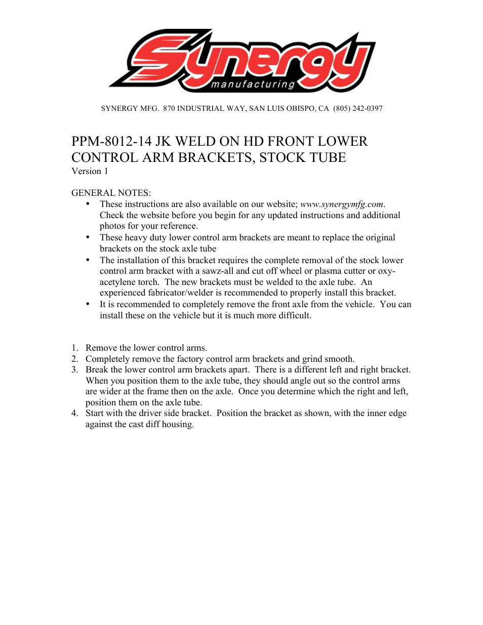 Synergy 8012-14 - Jeep JK HD Front LCA Bracket: Stock Axle User Manual | 5 pages