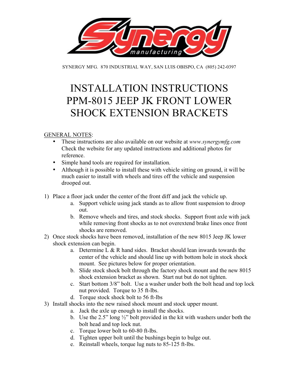 Synergy 8015 - Jeep JK Front Lower Shock Extension Brackets User Manual | 2 pages