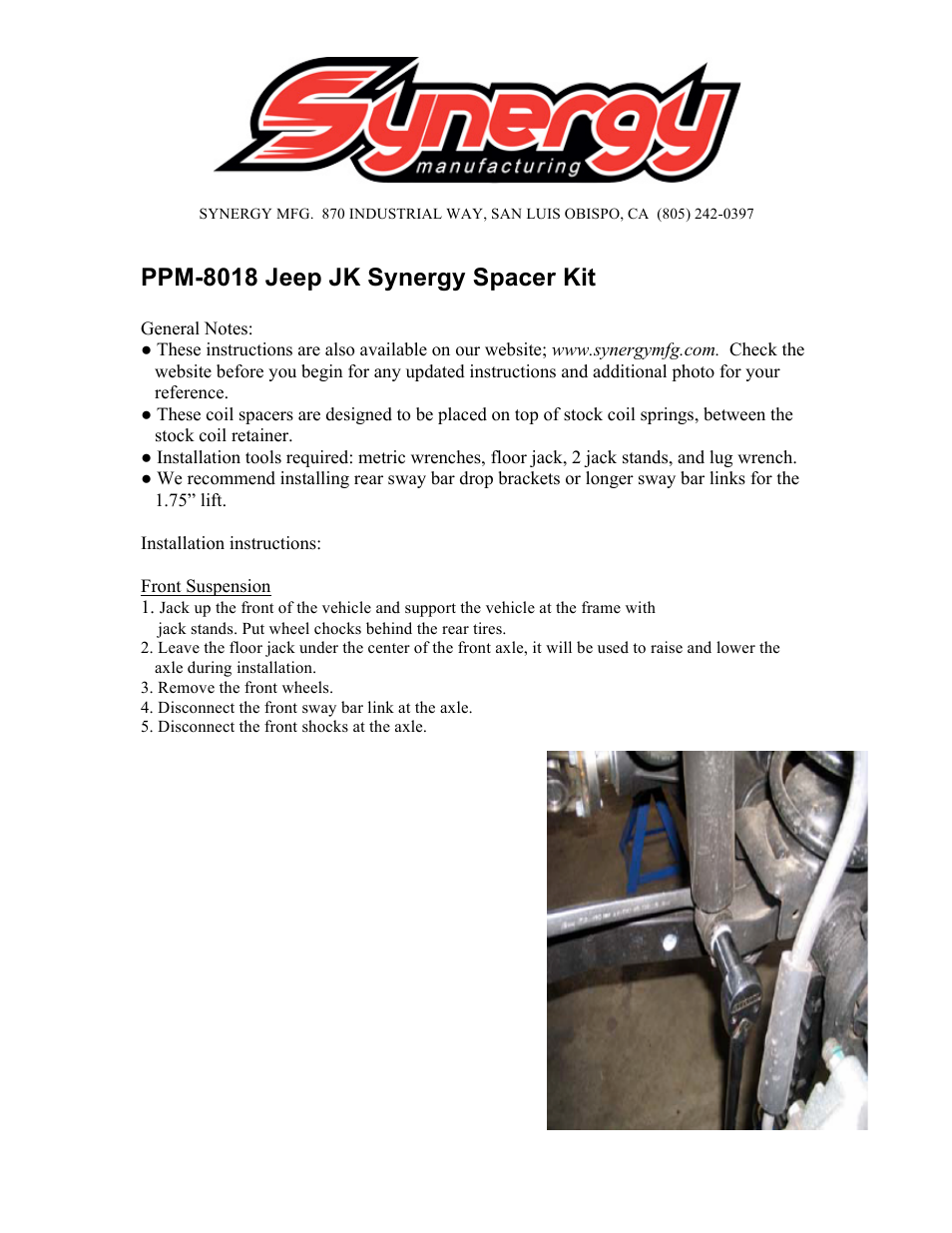 Synergy 8018 - Jeep JK Synergy Front & Rear Spacer Kit User Manual | 4 pages