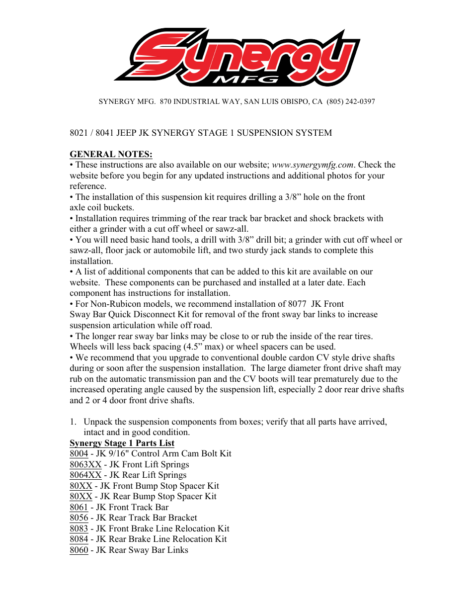 Synergy 8025 - Jeep JK Synergy Stage 1.5 Suspension System User Manual | 11 pages