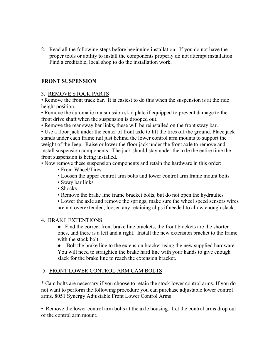 Synergy 8025 - Jeep JK Synergy Stage 1.5 Suspension System User Manual | Page 2 / 11