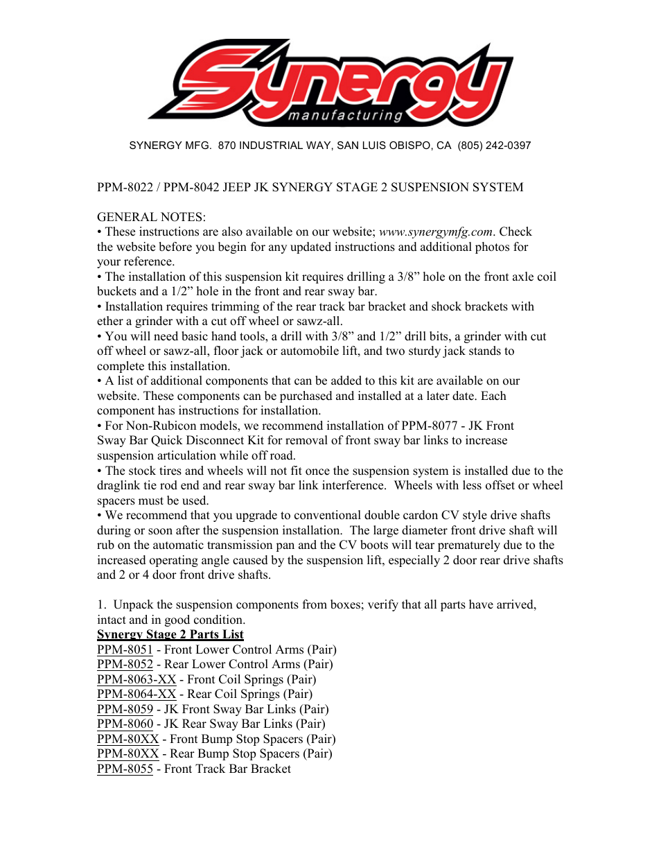 Synergy 8022-X - Jeep JK Synergy Stage 2 Suspension System User Manual | 20 pages