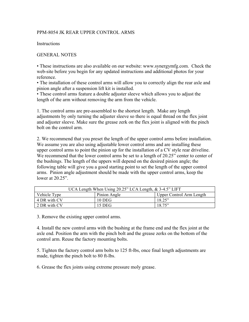 Synergy 8023 - Jeep JK Control Arm Kit User Manual | Page 7 / 8