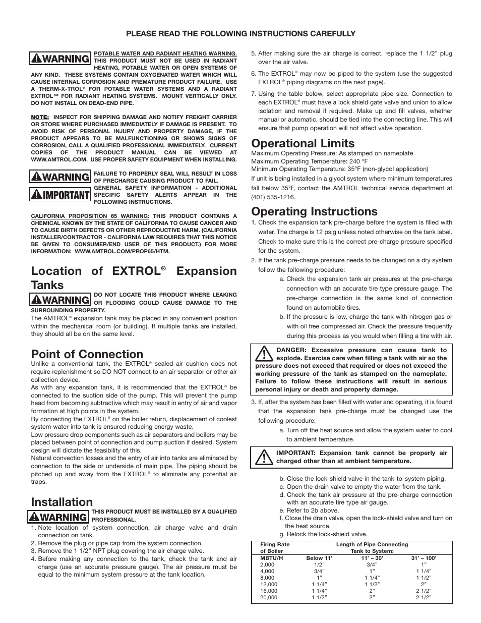 Location of extrol, Expansion tanks, Point of connection | Installation, Operational limits, Operating instructions, Please read the following instructions carefully | Amtrol EXTROL 50 LBC User Manual | Page 2 / 4