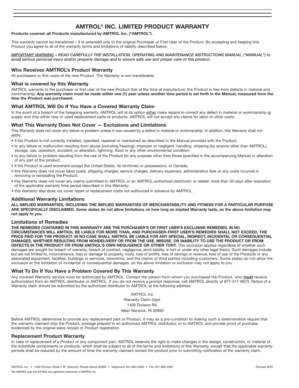 Amtrol, Inc. limited product warranty | Amtrol EXTROL 50 LBC User Manual | Page 4 / 4