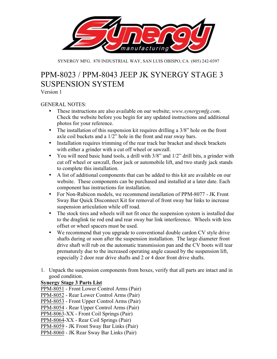 Synergy 8023-X - Jeep JK Synergy Stage 3 Suspension System User Manual | 17 pages