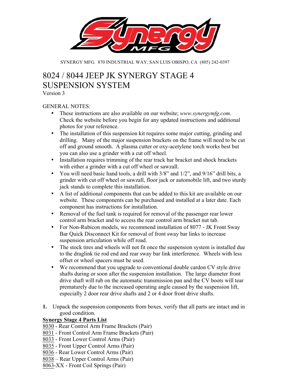 Synergy 8024-30/8024-40 - JK Synergy Stage 4 Long Arm System User Manual | 28 pages