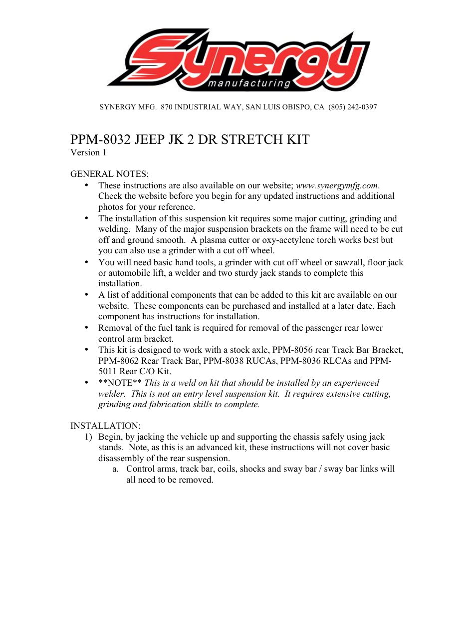 Synergy 8034 - Jeep JK 2 Door Rear Stretch Kit User Manual | 14 pages