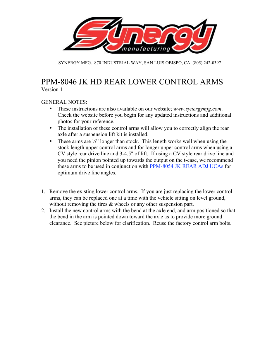 Synergy 8046 - Jeep JK Fixed Rear Lower Control Arms User Manual | 2 pages