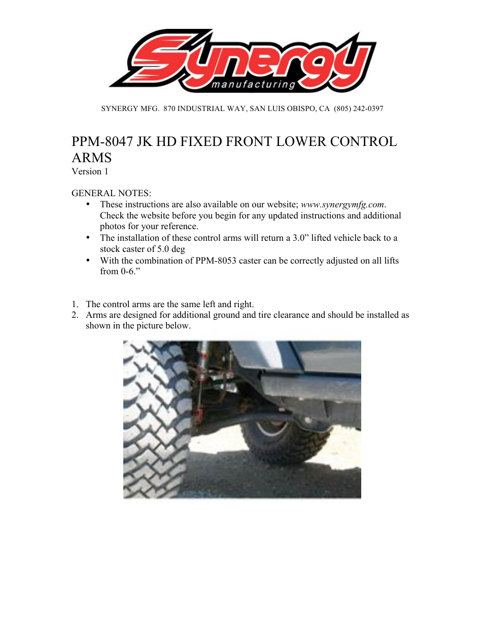 Synergy 8047 - Jeep JK Fixed Front Lower Control Arms User Manual | 3 pages