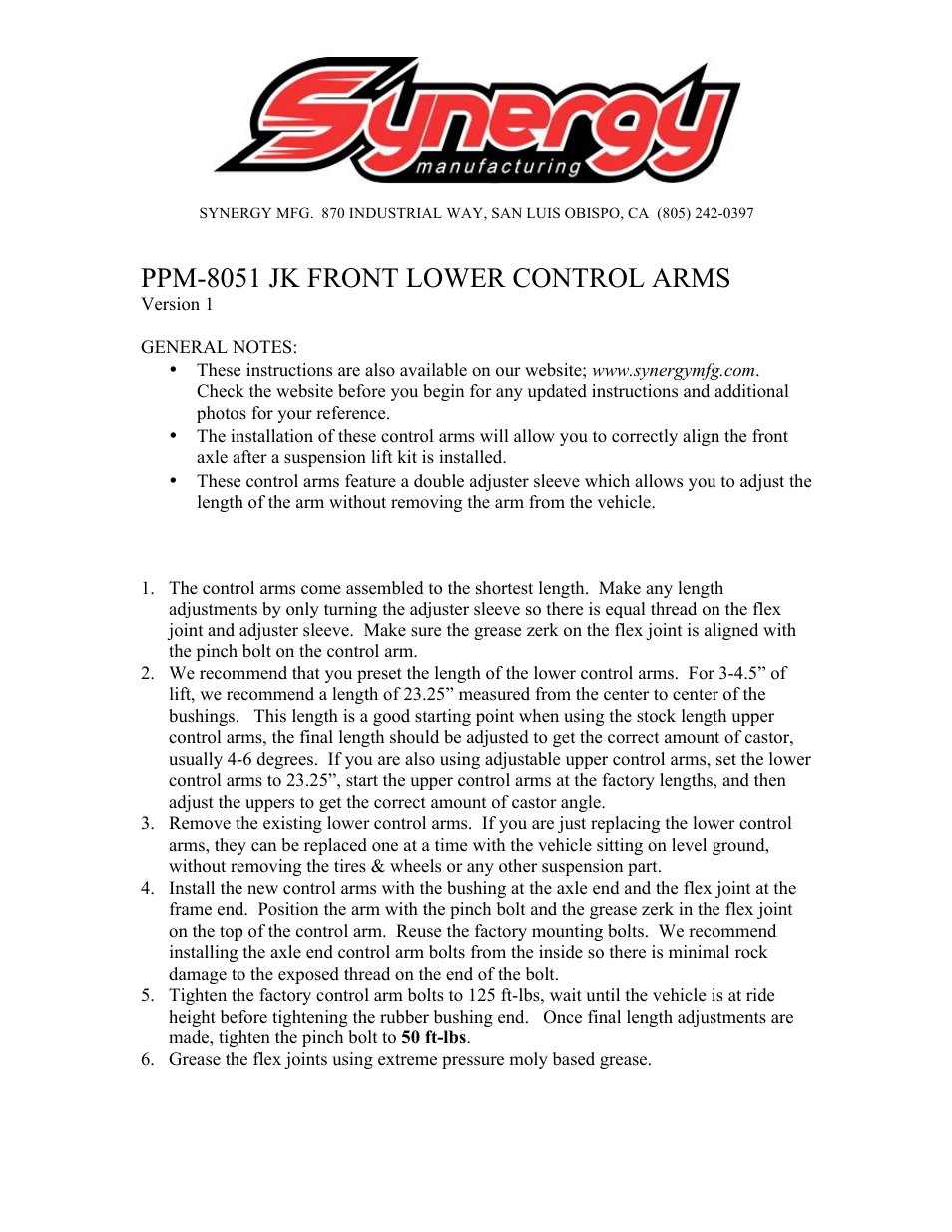 Synergy 8051 - Jeep JK Front Lower Control Arms User Manual | 2 pages