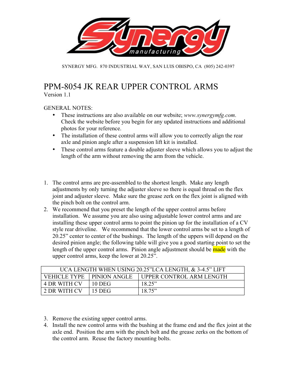 Synergy 8054 - Jeep JK Rear Upper Control Arms User Manual | 3 pages