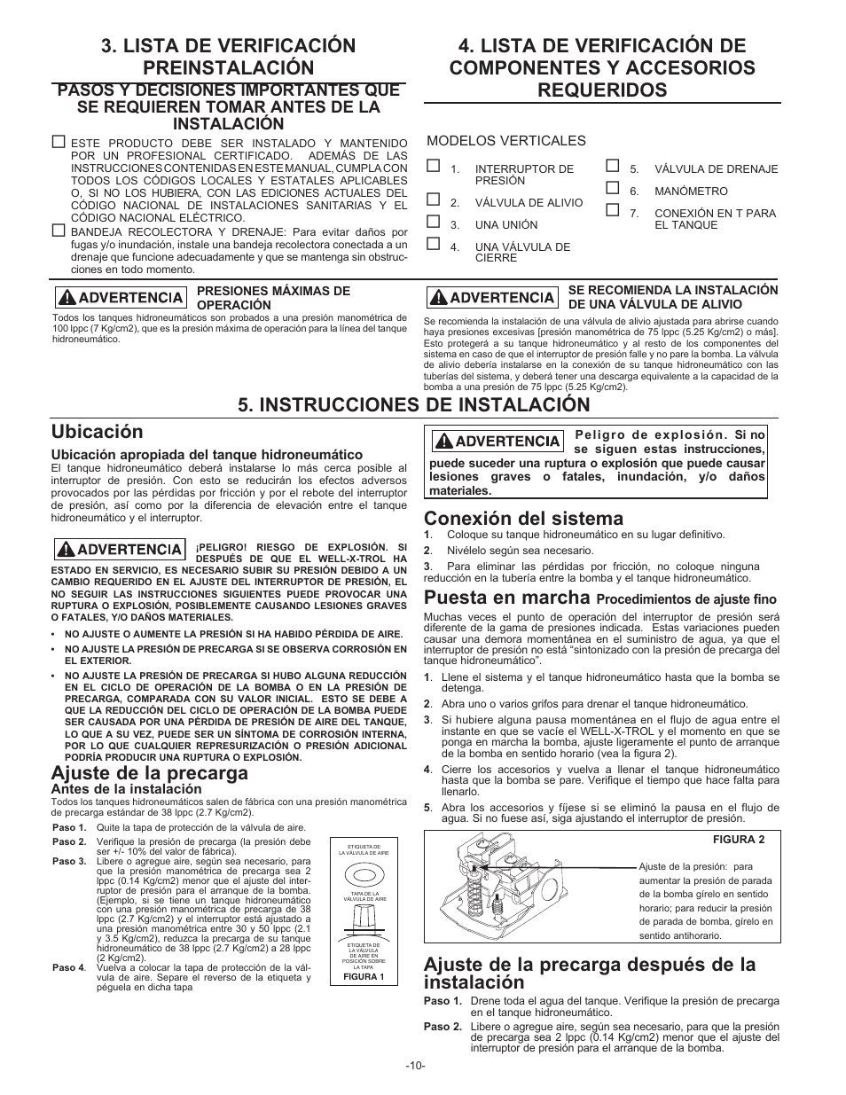 Lista de verificación preinstalación, Instrucciones de instalación ubicación, Ajuste de la precarga | Conexión del sistema, Puesta en marcha, Ajuste de la precarga después de la instalación | Amtrol VALUE-WELL 100 PSIG User Manual | Page 10 / 12