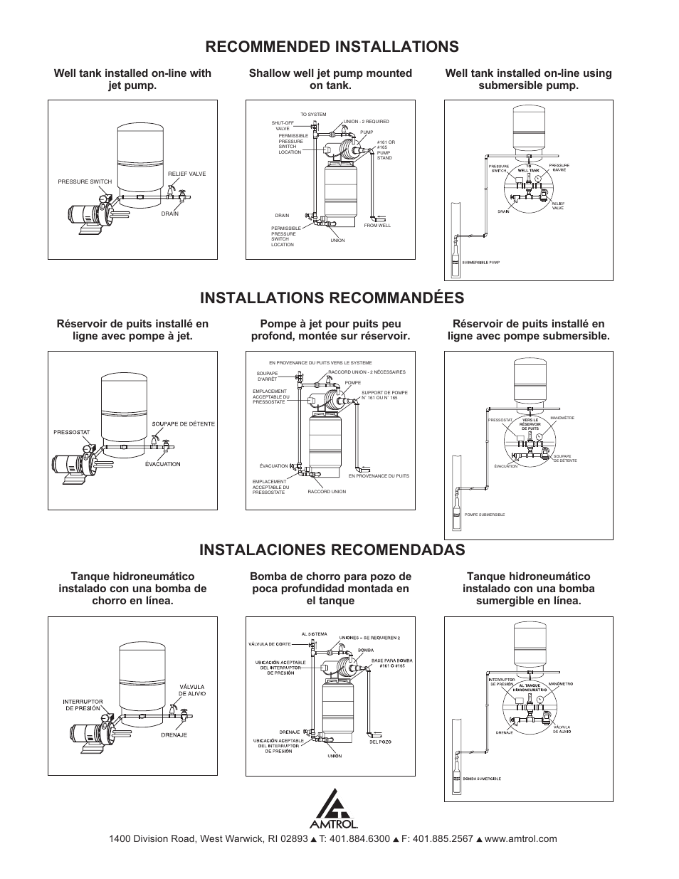 Recommended installations, Instalaciones recomendadas, Installations recommandées | Amtrol VALUE-WELL 100 PSIG User Manual | Page 12 / 12