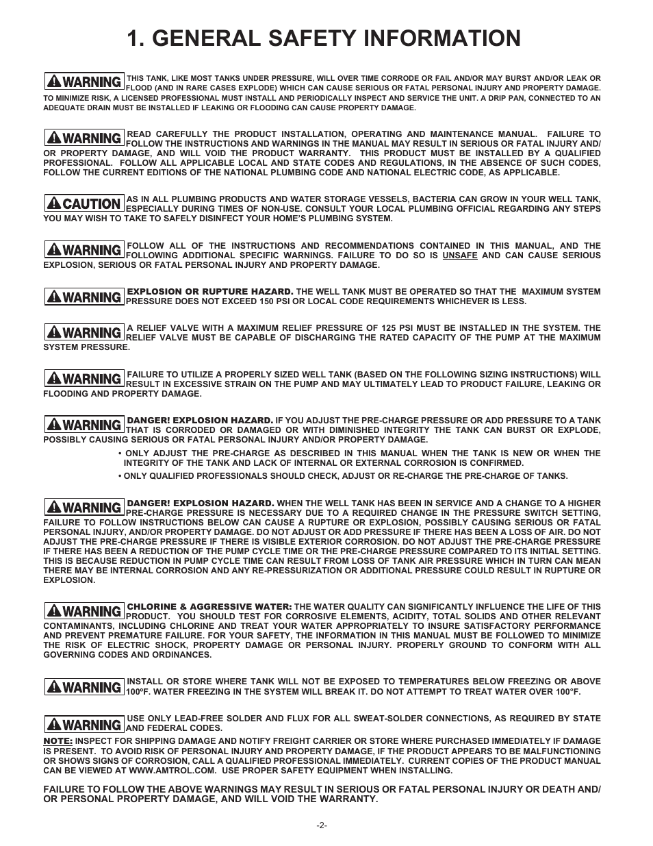 General safety information | Amtrol VALUE-WELL 100 PSIG User Manual | Page 2 / 12