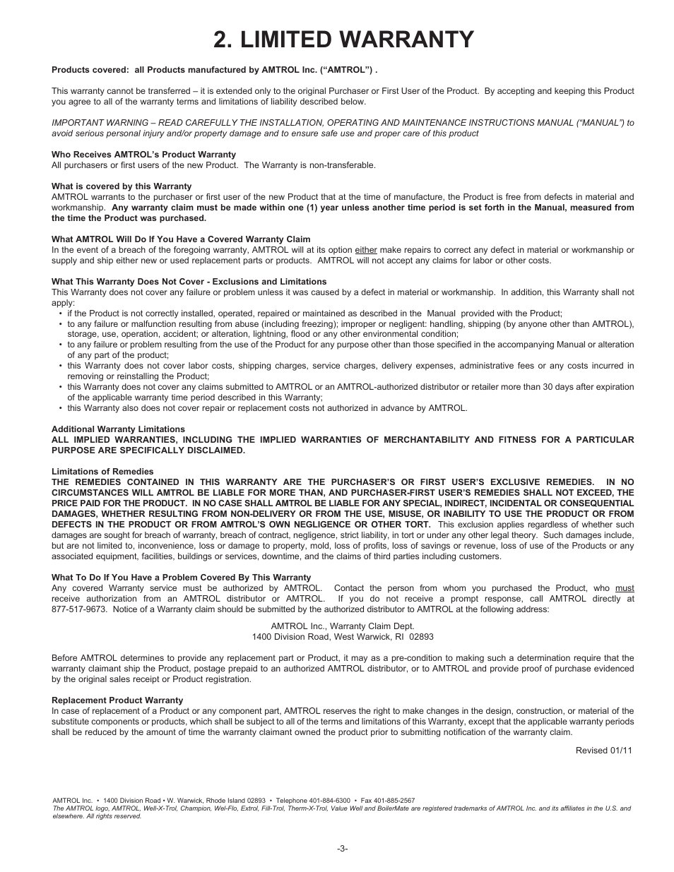 Limited warranty | Amtrol VALUE-WELL 100 PSIG User Manual | Page 3 / 12
