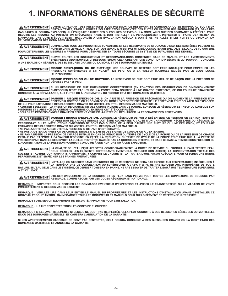 Informations générales de sécurité | Amtrol VALUE-WELL 100 PSIG User Manual | Page 5 / 12