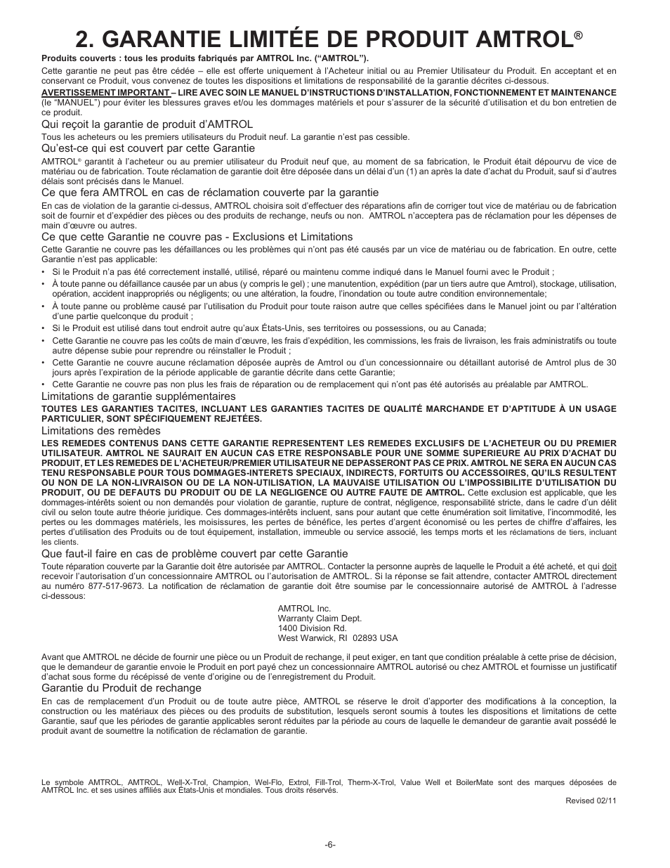 Garantie limitée de produit amtrol | Amtrol VALUE-WELL 100 PSIG User Manual | Page 6 / 12