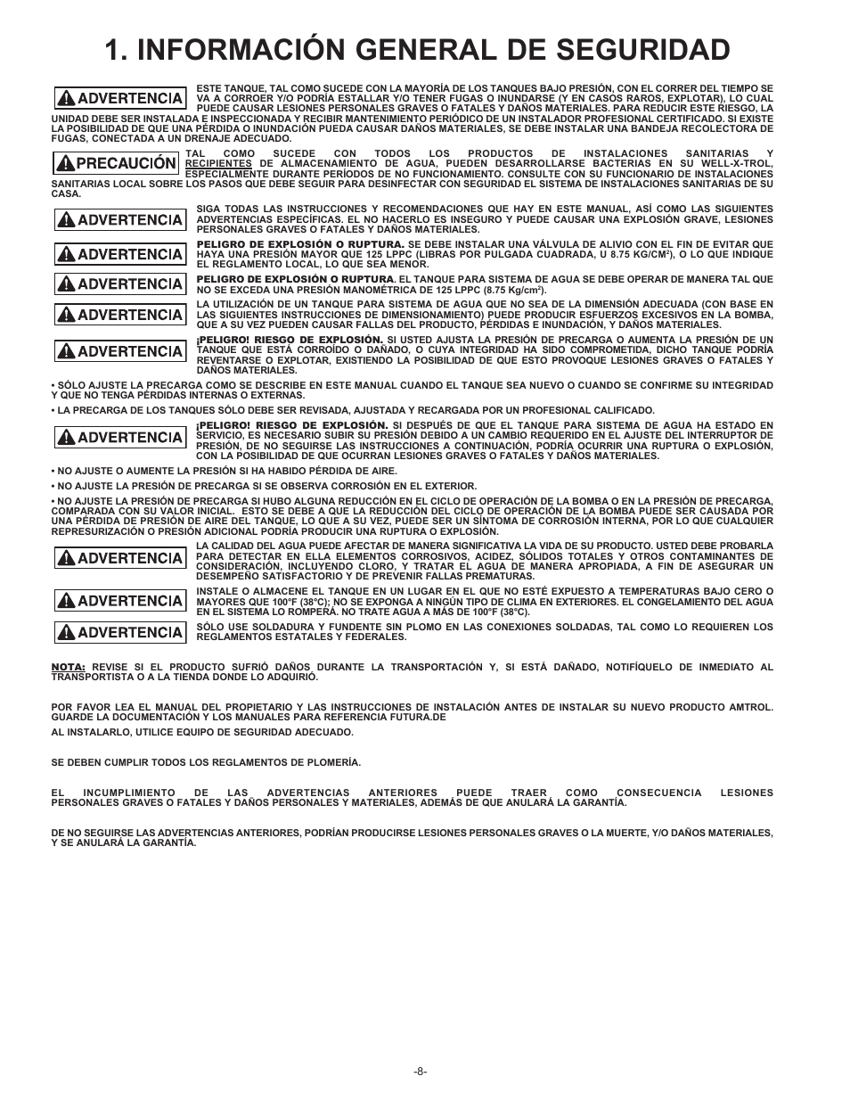 Información general de seguridad | Amtrol VALUE-WELL 100 PSIG User Manual | Page 8 / 12