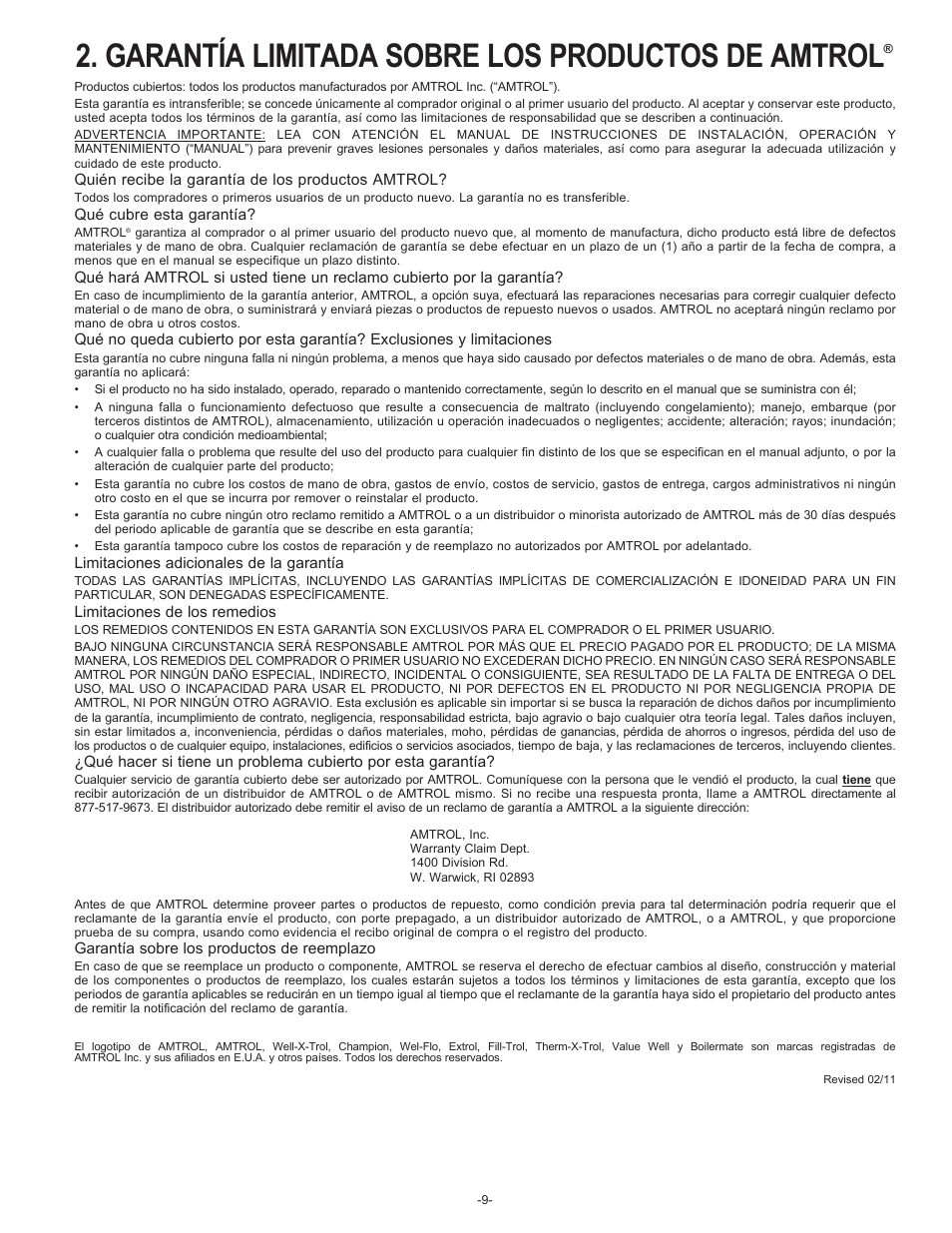 Garantía limitada sobre los productos de amtrol | Amtrol VALUE-WELL 100 PSIG User Manual | Page 9 / 12