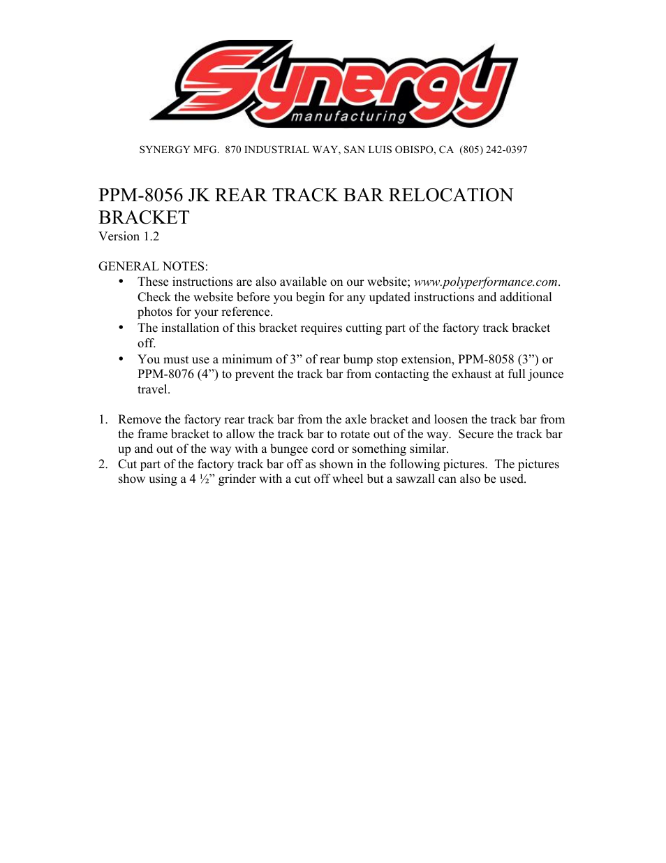 Synergy 8056 - Jeep JK Rear Track Bar Bracket User Manual | 6 pages