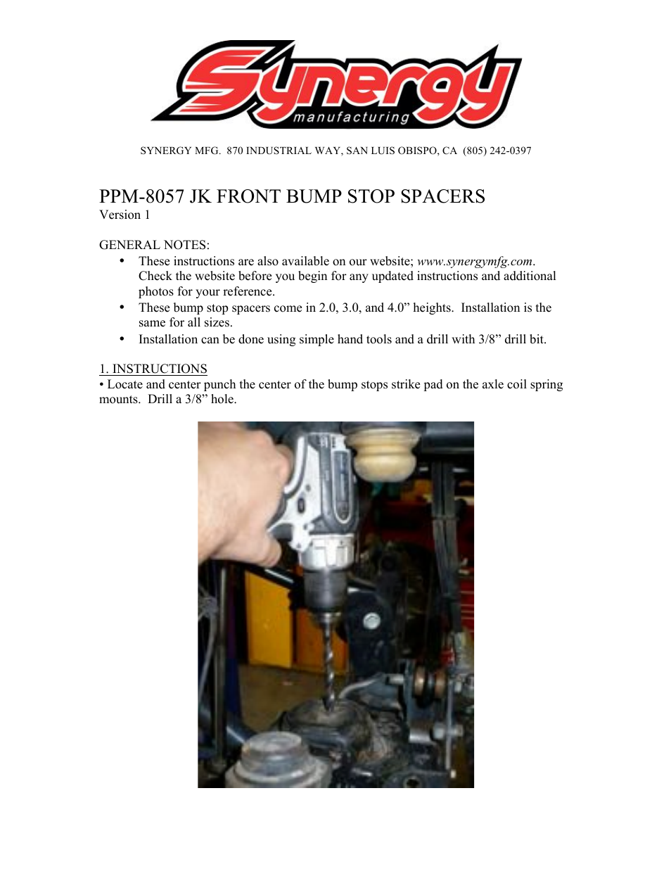 Synergy 8057 - Jeep JK Front Bump Stop Spacer Kit User Manual | 2 pages