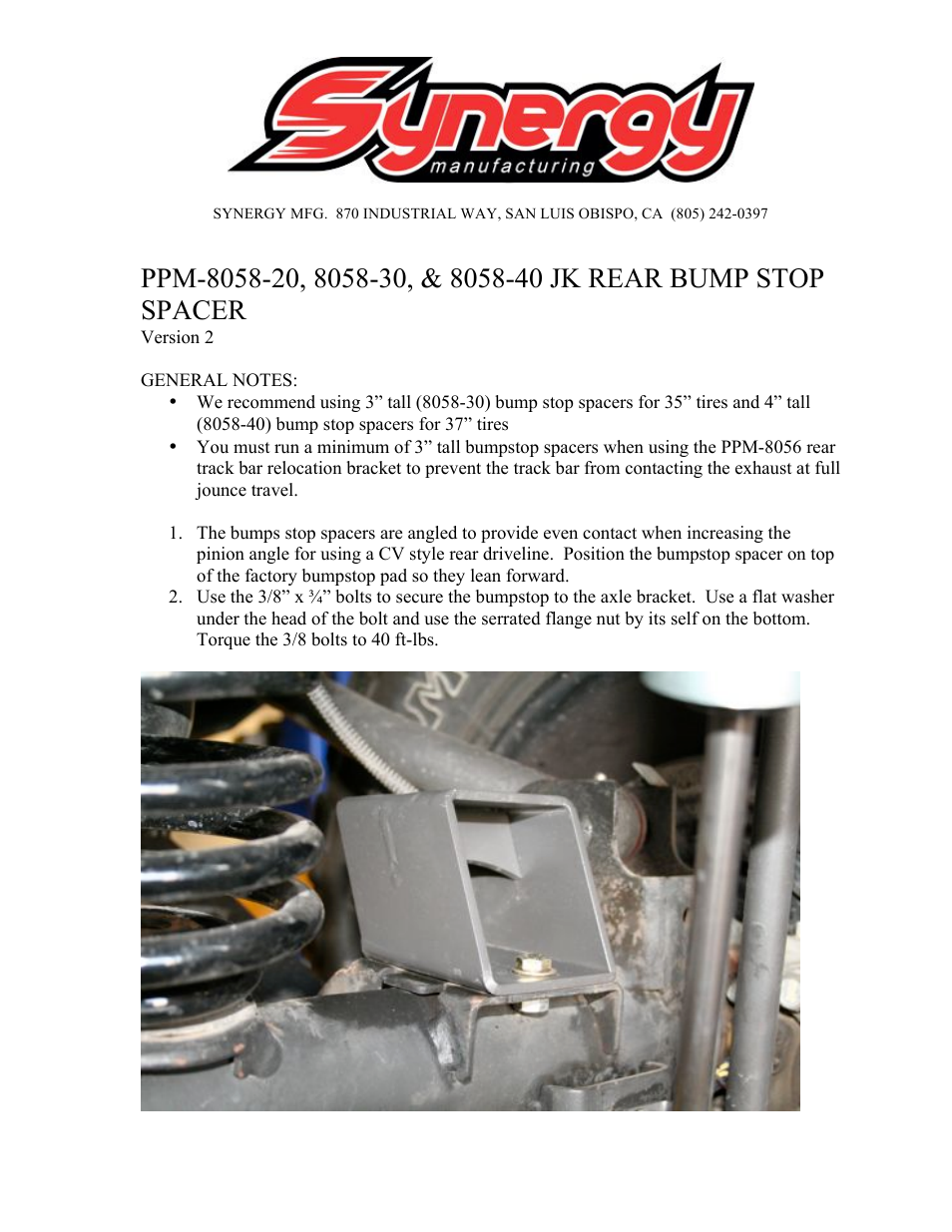 Synergy 8058 - Jeep JK Rear Bump Stop Spacer Kit User Manual | 2 pages