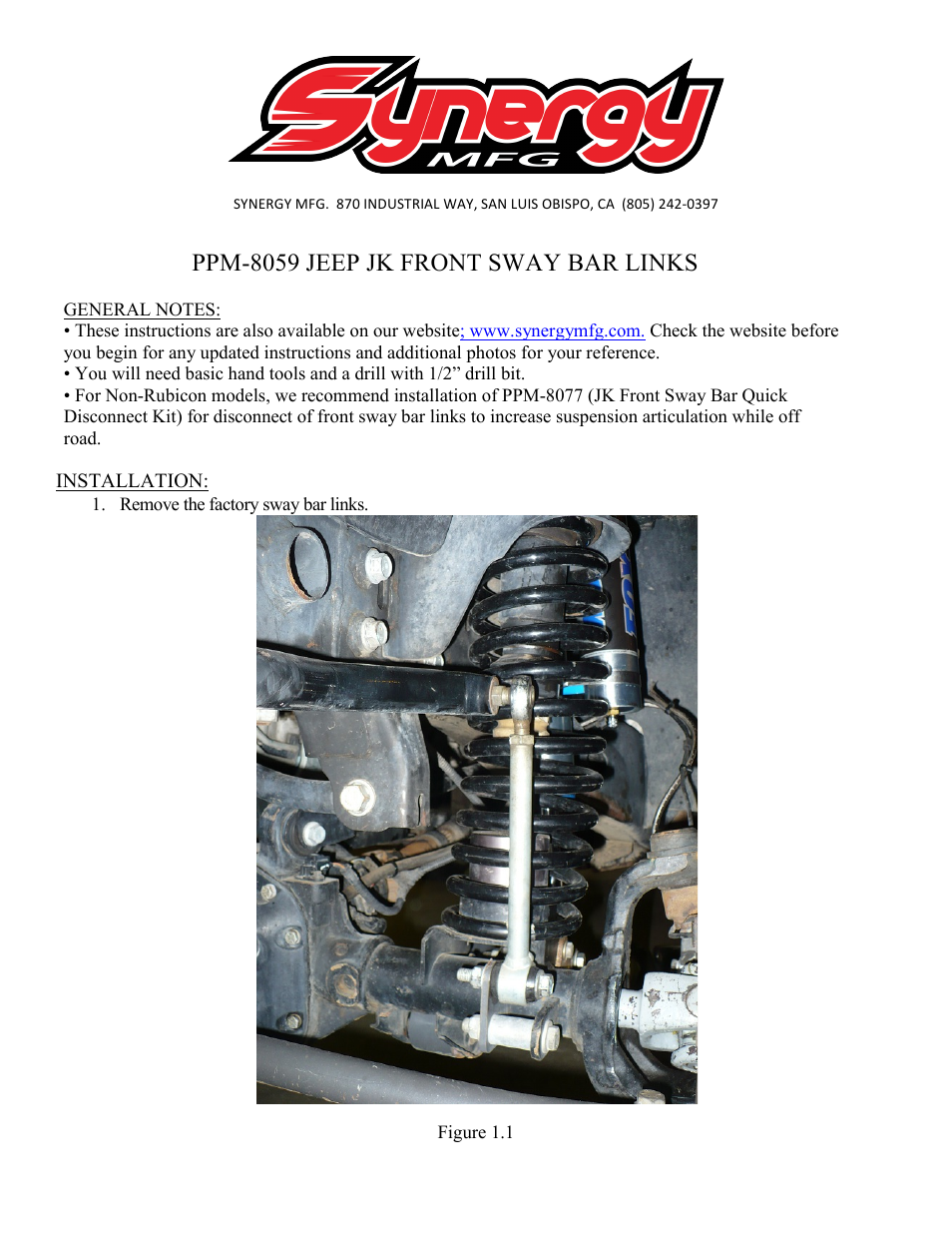 Synergy 8059 - Jeep JK Front Sway Bar Links User Manual | 3 pages