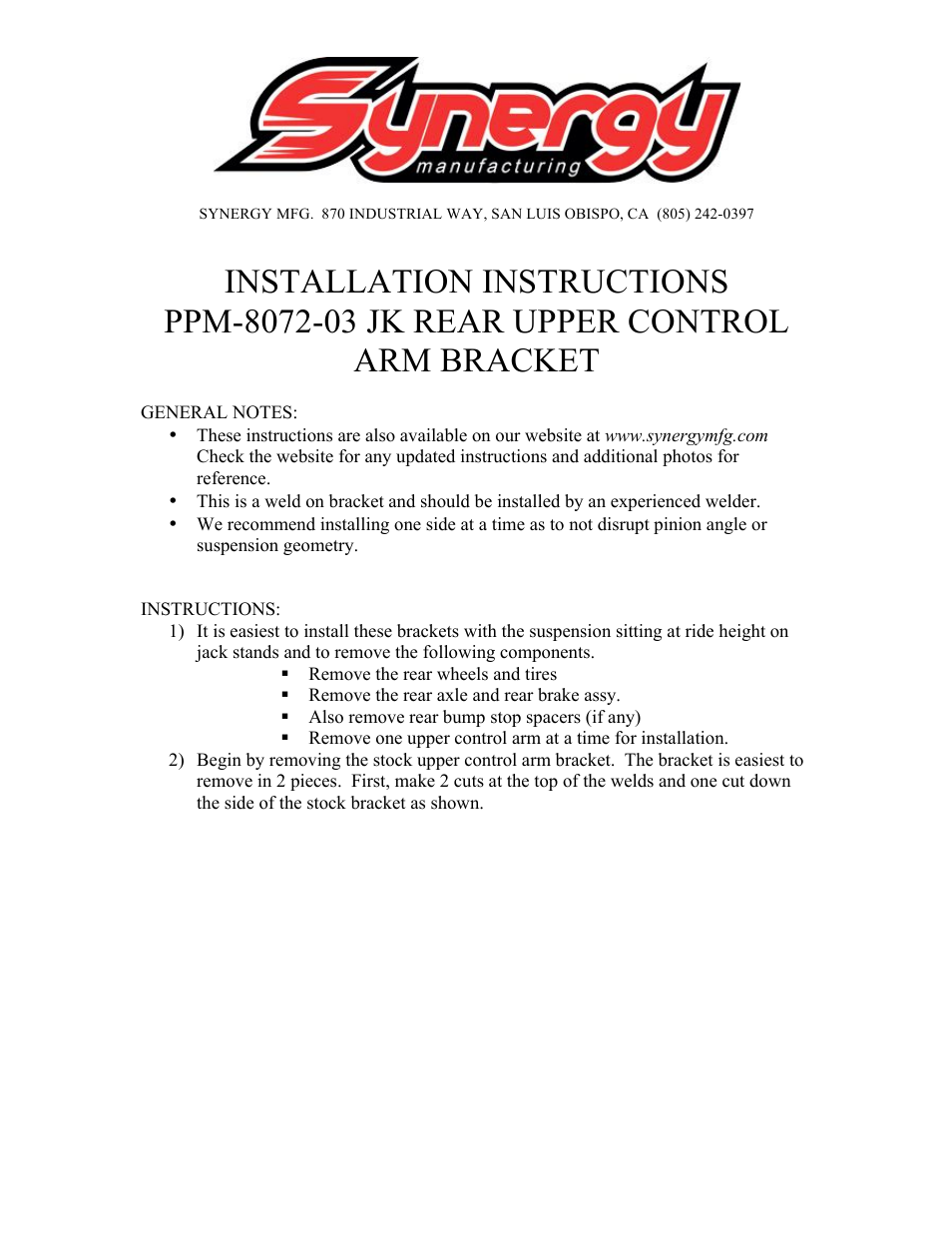 Synergy 8072-03 - JK Weld-On Rear Upper Control Arm Bracket User Manual | 7 pages