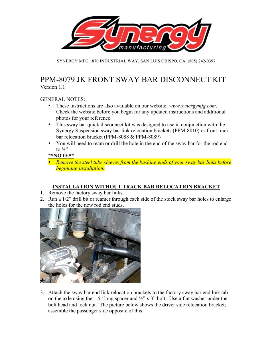 Synergy 8079 - Jeep JK Front Sway Bar Quick Disconnect Kit User Manual | 7 pages