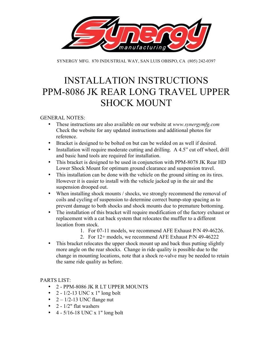 Synergy 8086 - Jeep JK Rear Long Travel Upper Shock Mount User Manual | 9 pages