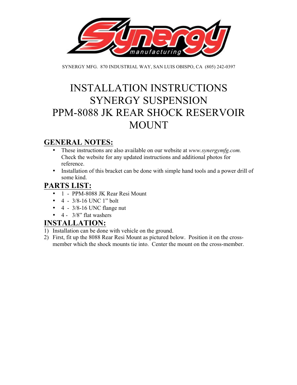 Synergy 8088 - Jeep JK Rear Remote Reservoir Mount User Manual | 3 pages