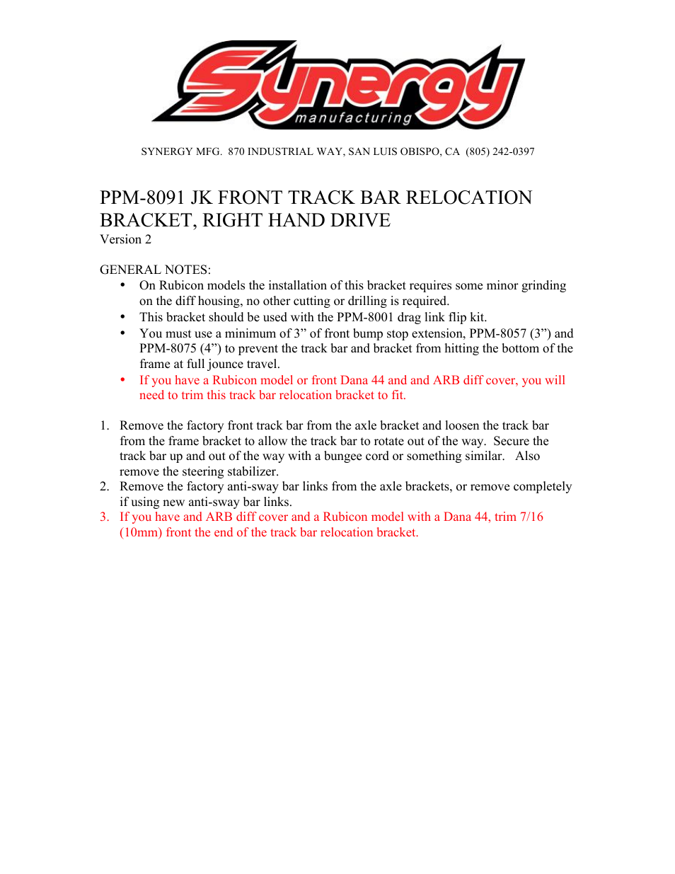 Synergy 8091 - Jeep JK Front Track Bar Bracket (RHD) User Manual | 11 pages