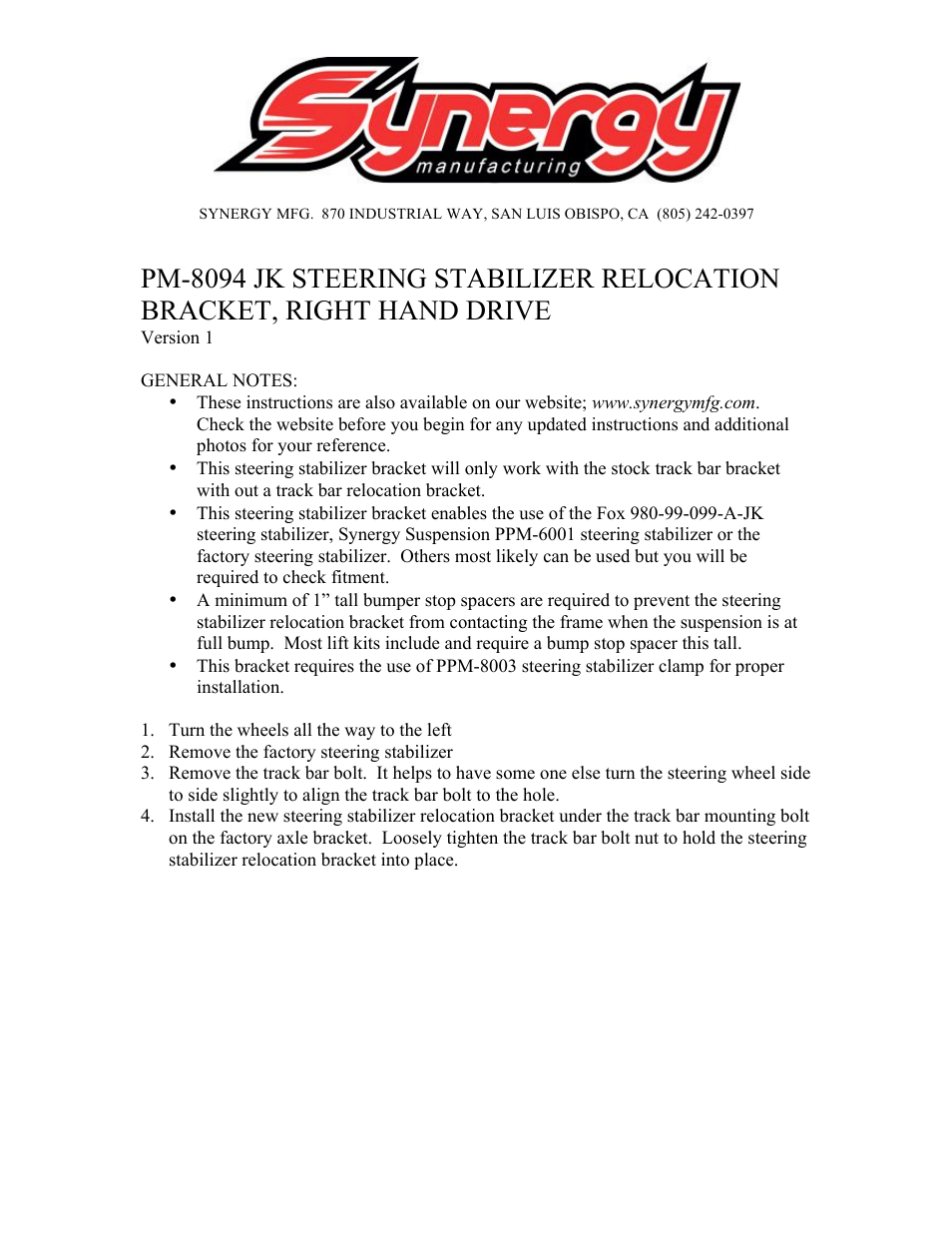 Synergy 8094 - Jeep JK Steering Stabilizer Mount (RHD) User Manual | 6 pages