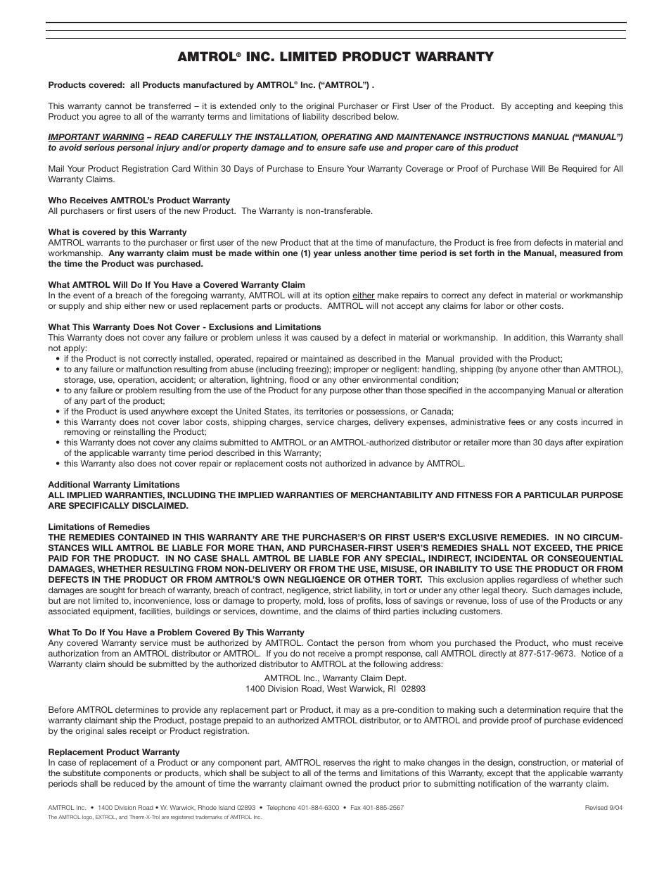 Amtrol, Inc. limited product warranty | Amtrol Heating System User Manual | Page 2 / 2