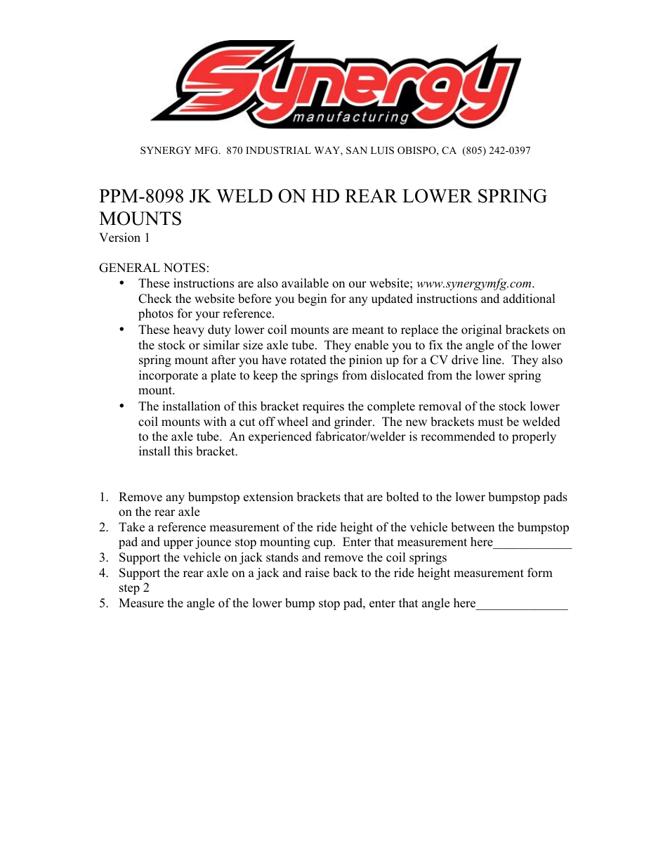 Synergy 8098 - Jeep JK Rear Axle Spring Pad User Manual | 6 pages