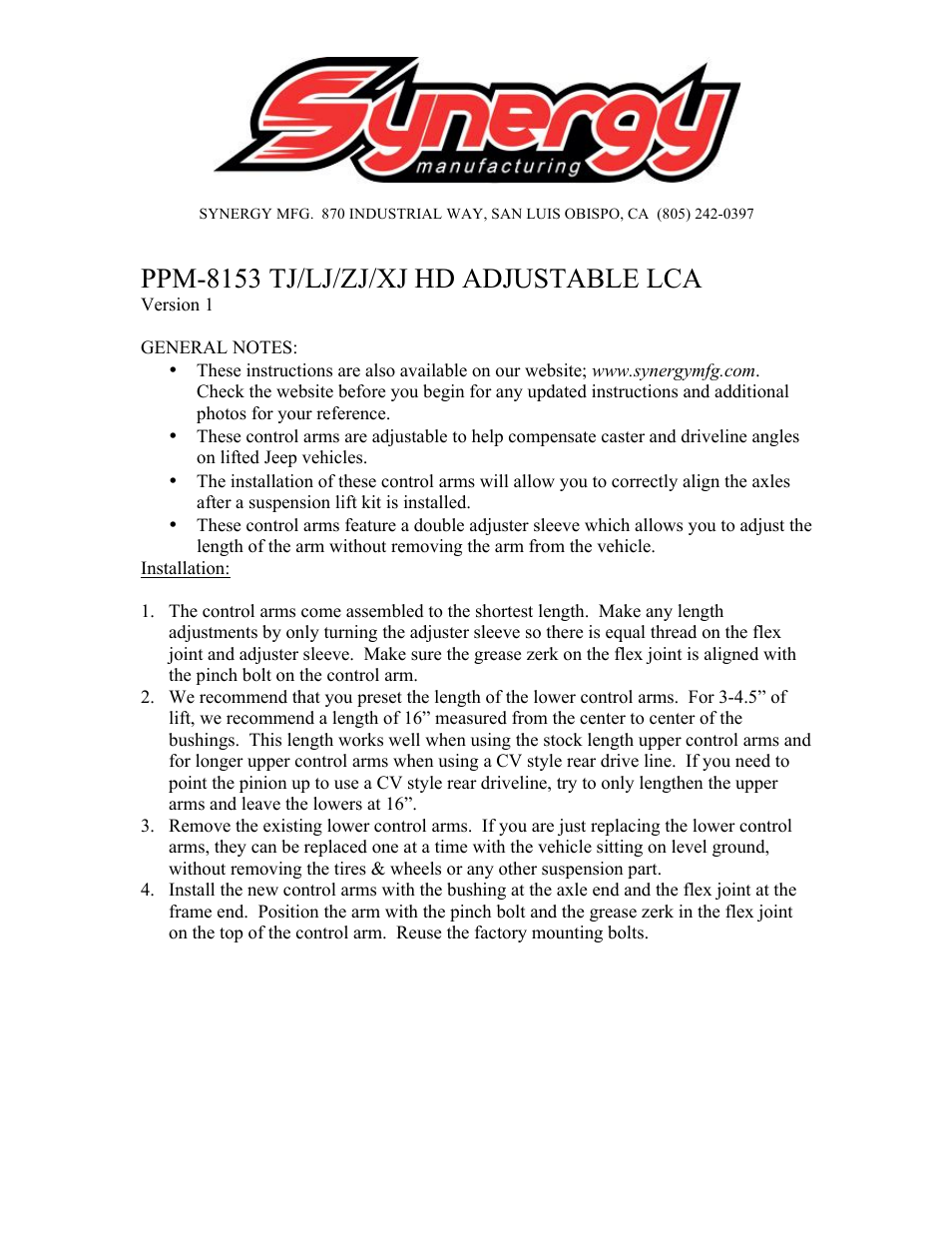 Synergy 8153 - Jeep TJ/LJ/ZJ/XJ HD Adjustable Lower Control Arms User Manual | 3 pages