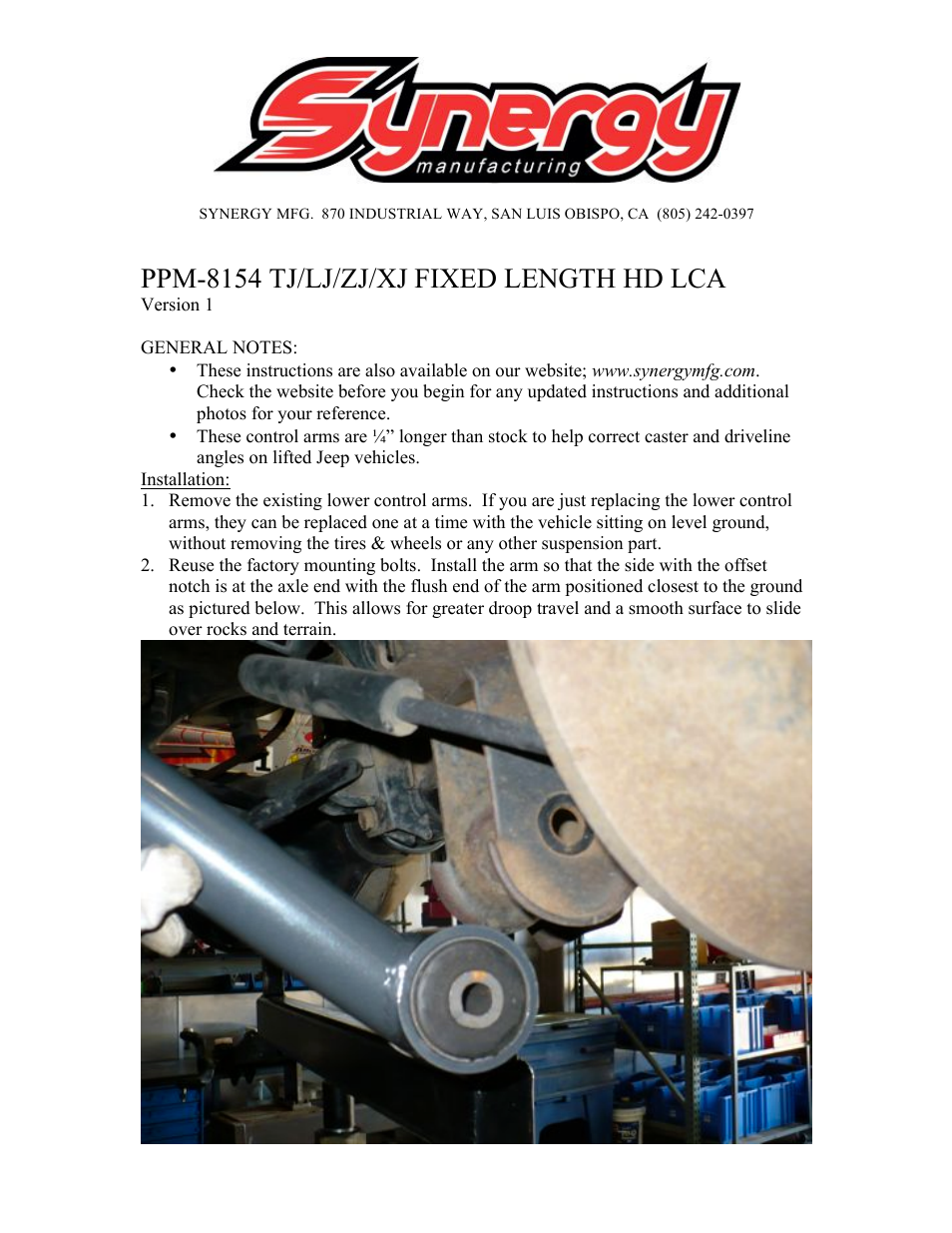 Synergy 8154 - Jeep TJ/LJ/ZJ/XJ HD Fixed Lower Control Arms User Manual | 2 pages