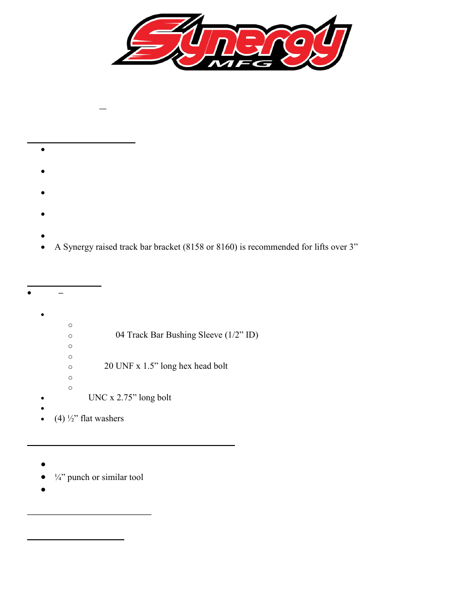 Synergy 8156 - Jeep TJ/ LJ D35 Adjustable Rear Track Bar User Manual | 2 pages