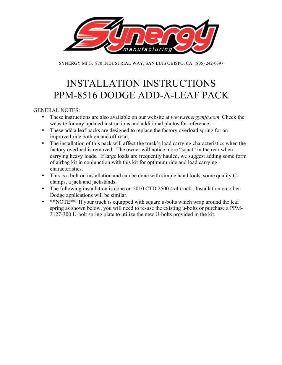 Synergy 8516-XX-XXX - Dodge Add-A-Leaf Pack 94+ Dodge Trucks User Manual | 10 pages