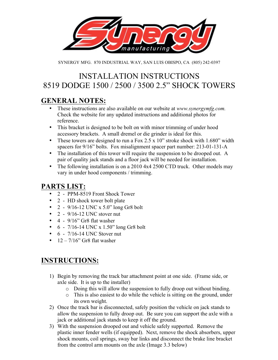 Synergy 8519 - 2.5" Shock Towers for 03+ Dodge Trucks User Manual | 9 pages