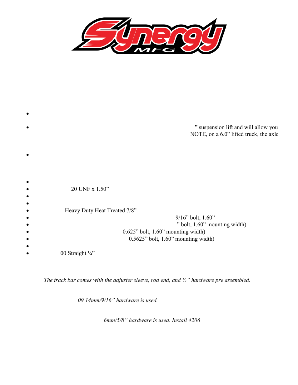 Synergy 8550 - 94+ Dodge 1500/2500/3500 Adjustable Front Track Bar User Manual | 2 pages
