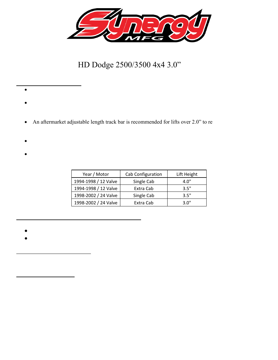 Synergy 8555-10 - Dodge HD Front Lift Coils User Manual | 3 pages