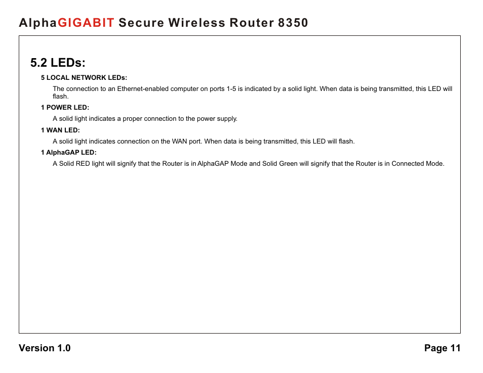2 leds, Alpha secure wireless router 8350 gigabit | AlphaShield Alpha Secure Wireless Router 8350 User Manual | Page 11 / 69