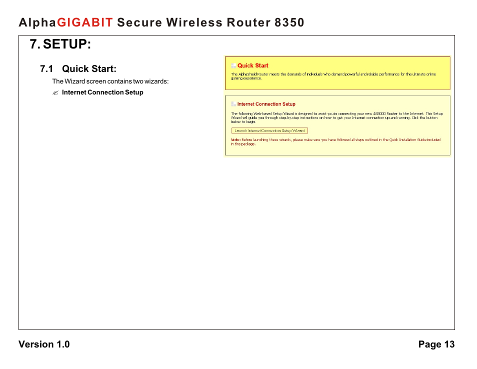 Setup, Alpha secure wireless router 8350 gigabit | AlphaShield Alpha Secure Wireless Router 8350 User Manual | Page 13 / 69