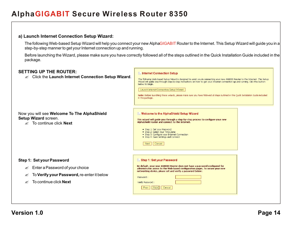 Alpha secure wireless router 8350 gigabit, Version 1.0 page 14 | AlphaShield Alpha Secure Wireless Router 8350 User Manual | Page 14 / 69